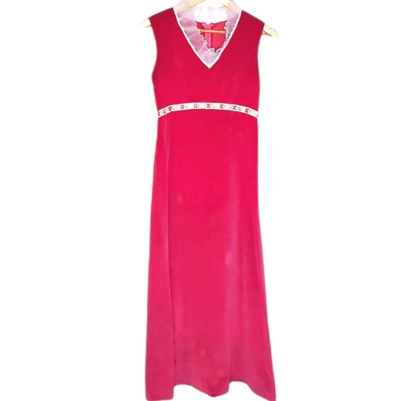 Fuchsia Floral Pink Velvet 70s Long Sleeveless Dress w  Crepe Collar - Picture 1 of 13